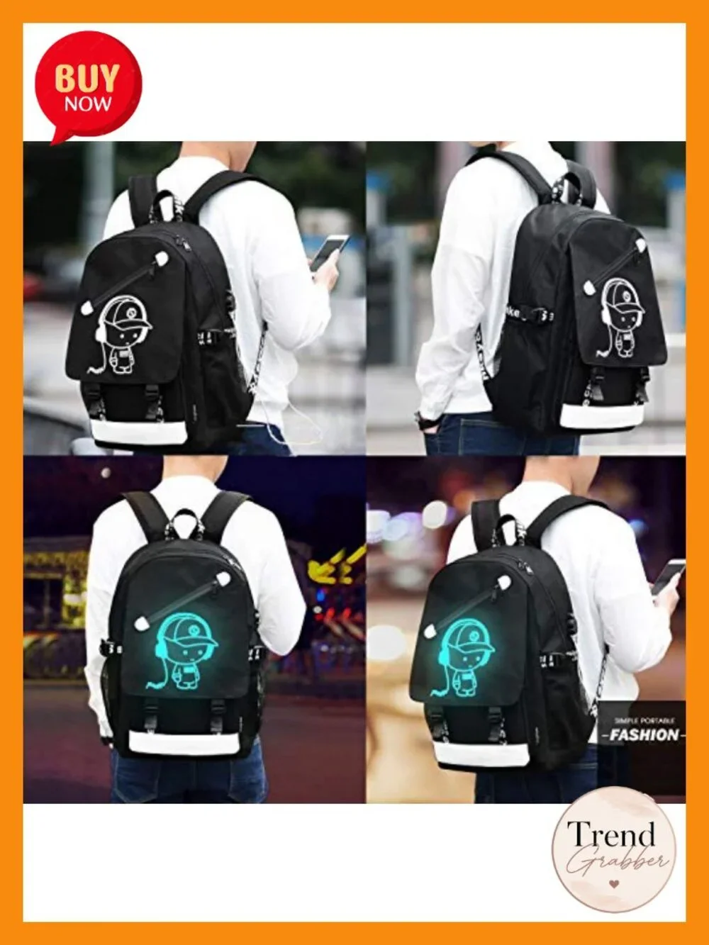 Cartoon Luminous Backpack with USB Charging Port, Anti-theft Lock, 15.6 Inch